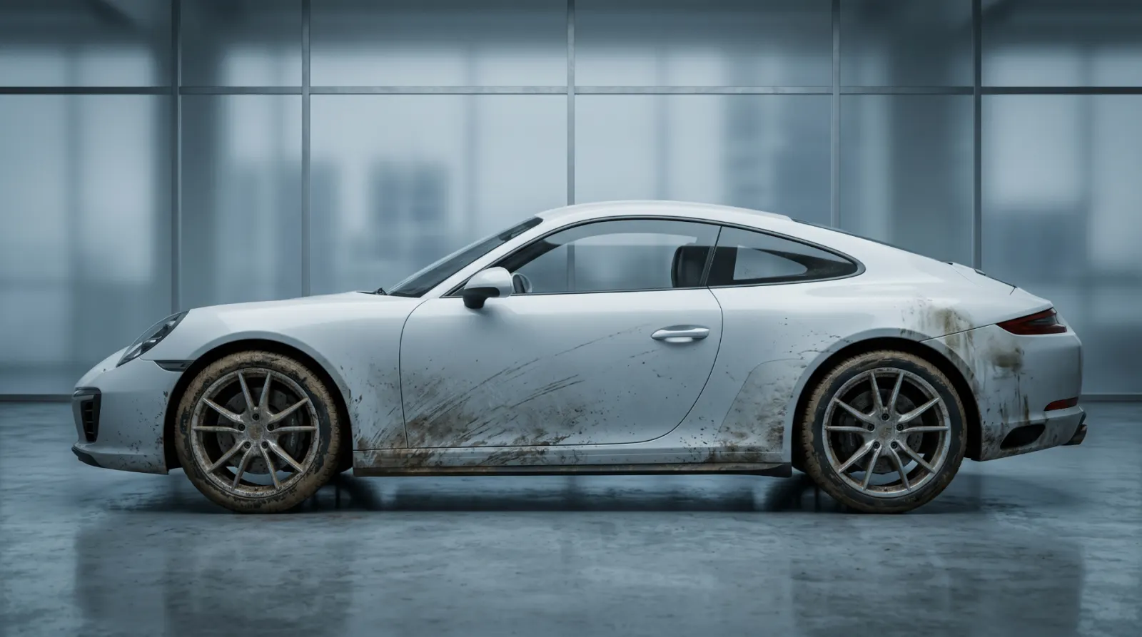 Hvit Porsche 911 med gjørme og veismuss før bilpleie